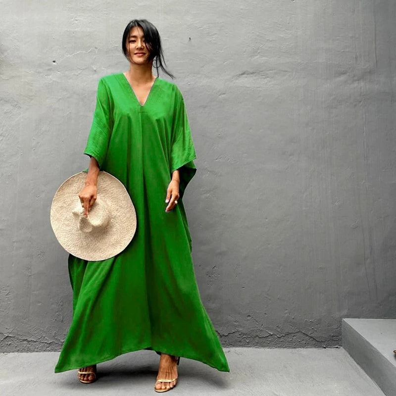 Back To Simple Maxi Dress Flowing Summer Long Kaftan Solid Color Red Batwing Caftan Tunic Minimalism Rayon Longewear Plus Free