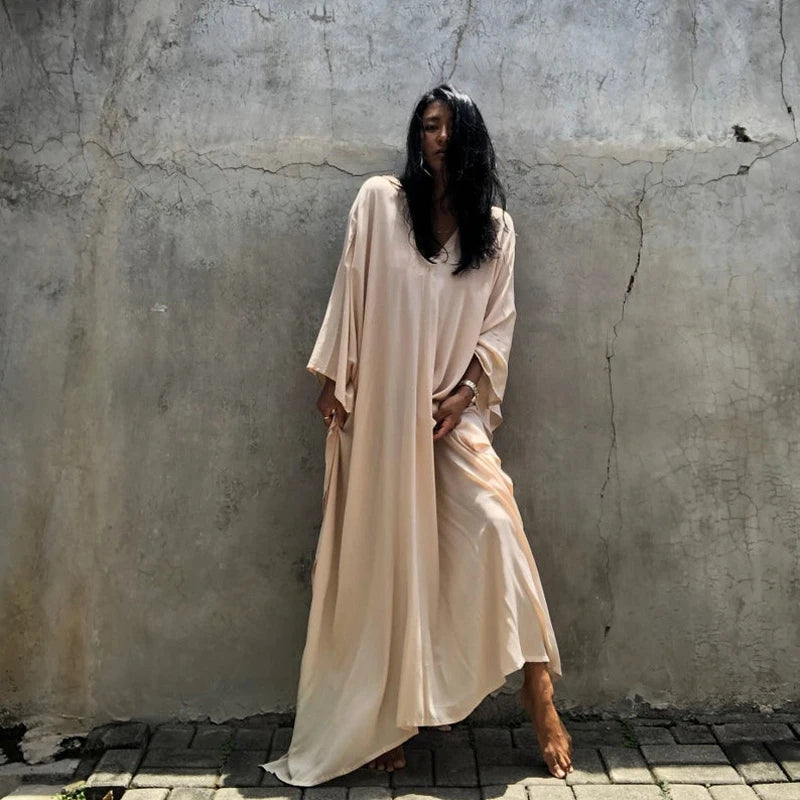 Back To Simple Maxi Dress Flowing Summer Long Kaftan Solid Color Red Batwing Caftan Tunic Minimalism Rayon Longewear Plus Free