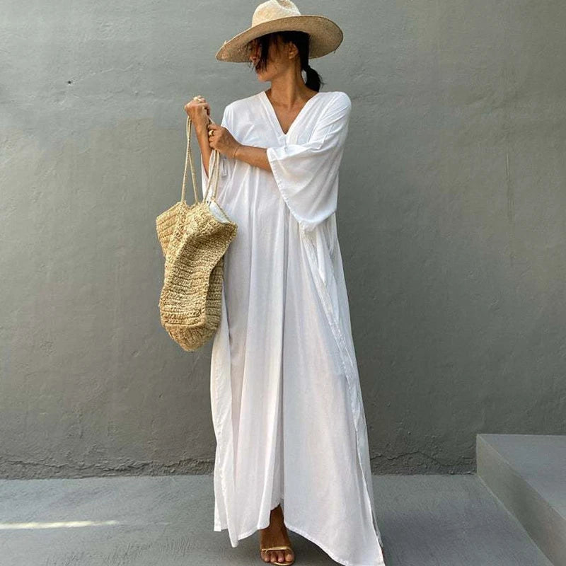 Back To Simple Maxi Dress Flowing Summer Long Kaftan Solid Color Red Batwing Caftan Tunic Minimalism Rayon Longewear Plus Free