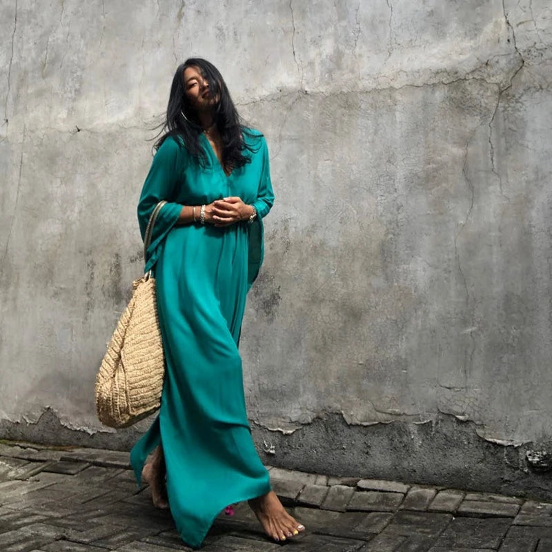 Back To Simple Maxi Dress Flowing Summer Long Kaftan Solid Color Red Batwing Caftan Tunic Minimalism Rayon Longewear Plus Free