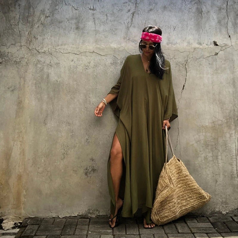 Back To Simple Maxi Dress Flowing Summer Long Kaftan Solid Color Red Batwing Caftan Tunic Minimalism Rayon Longewear Plus Free