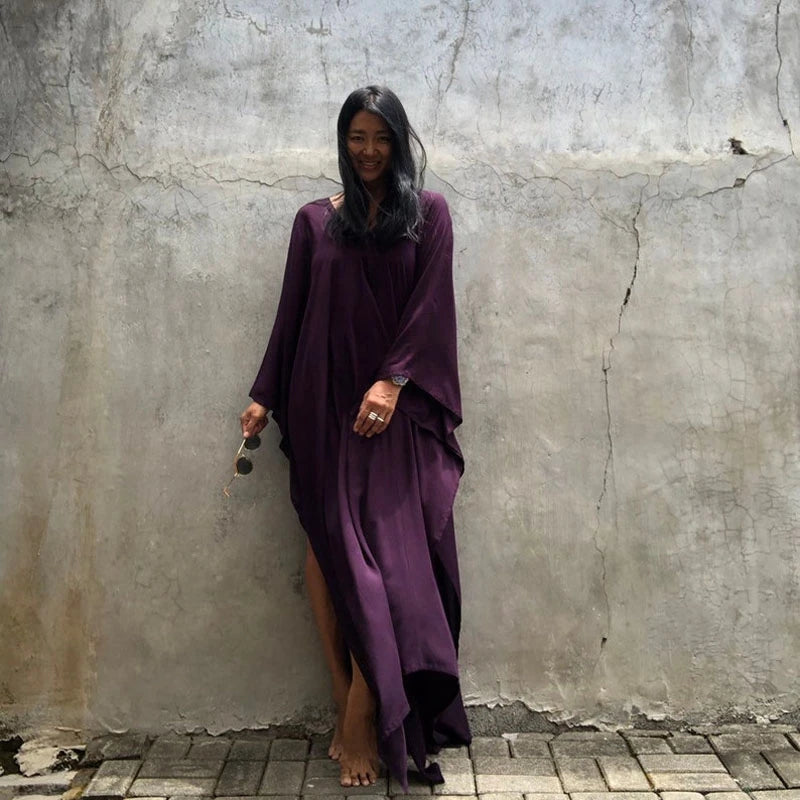 Back To Simple Maxi Dress Flowing Summer Long Kaftan Solid Color Red Batwing Caftan Tunic Minimalism Rayon Longewear Plus Free