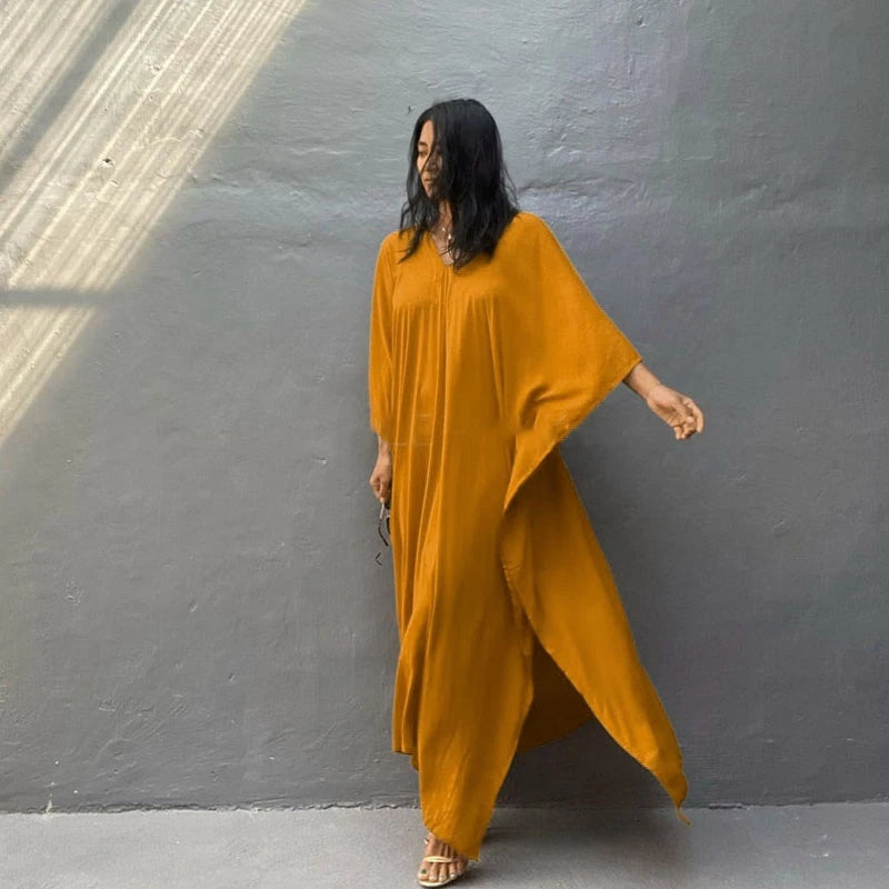 Back To Simple Maxi Dress Flowing Summer Long Kaftan Solid Color Red Batwing Caftan Tunic Minimalism Rayon Longewear Plus Free