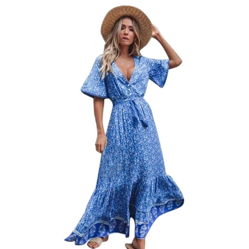 Boho Maxi Dress Women Retro Floral Print Short Sleeve V Neck High Waist Dresses Female Summer Beach Long Dress Ladies Vestidos