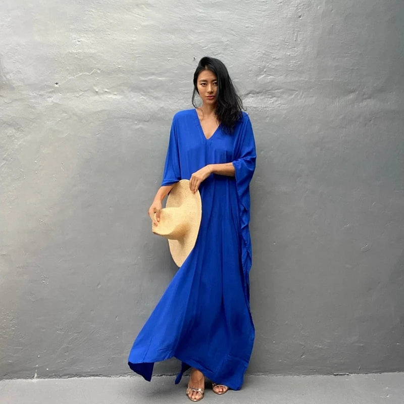 Back To Simple Maxi Dress Flowing Summer Long Kaftan Solid Color Red Batwing Caftan Tunic Minimalism Rayon Longewear Plus Free