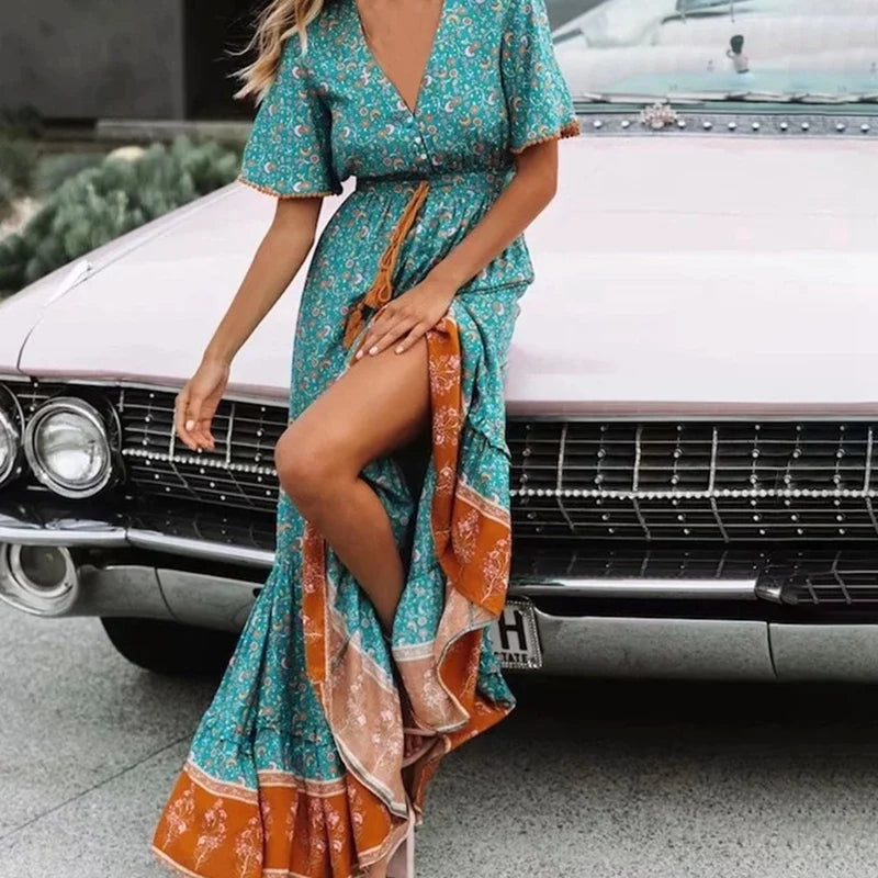 Boho Maxi Dress Women Retro Floral Print Short Sleeve V Neck High Waist Dresses Female Summer Beach Long Dress Ladies Vestidos