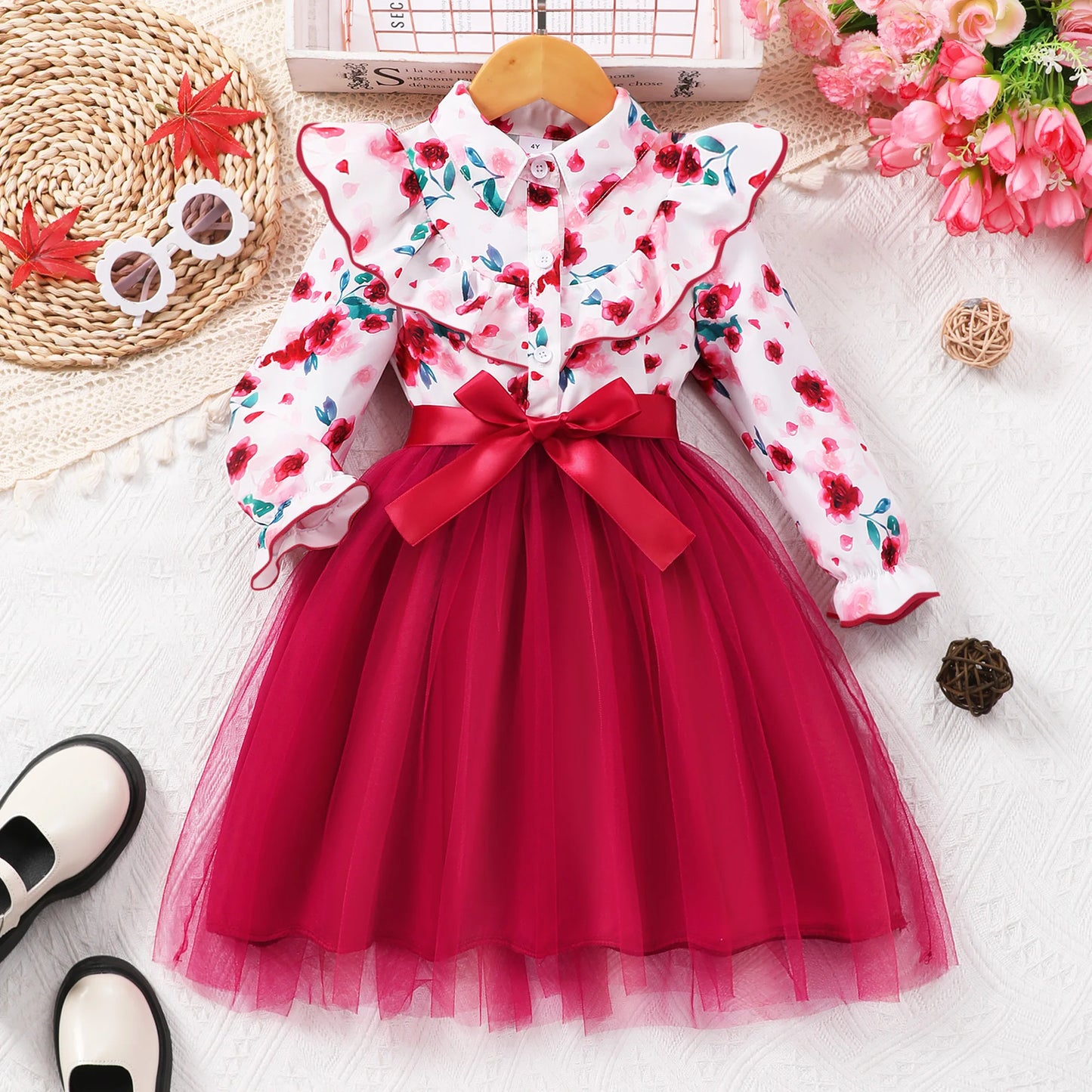 Long Sleeve Mesh Girls Stylish & Cute Ruffle Button Up Belted Dress for Fall & Winter Holiday, Outdoor Cloth with Floral Pattern