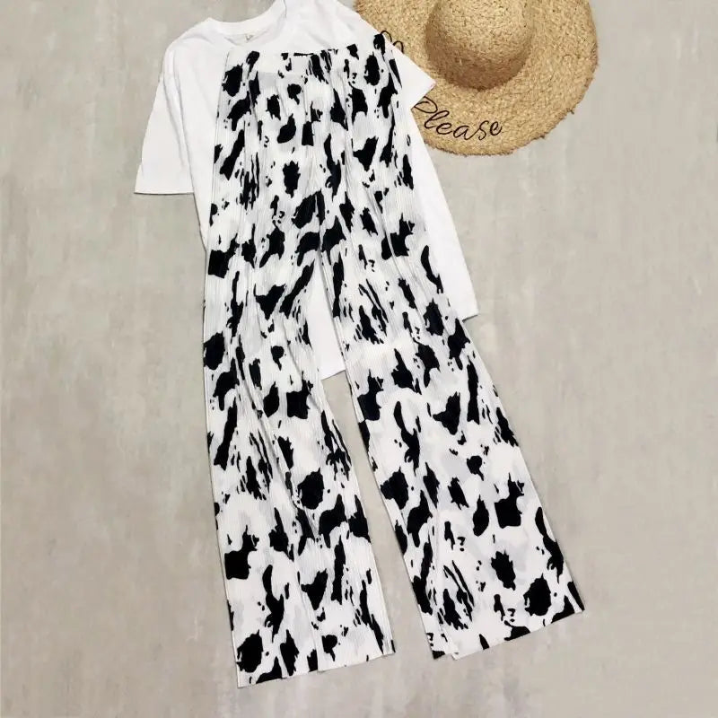 REALEFT 2024 New Spring Summer Painting Printed Long Pants Vintage High Waist Street Casual Loose Wide Leg Trousers Female