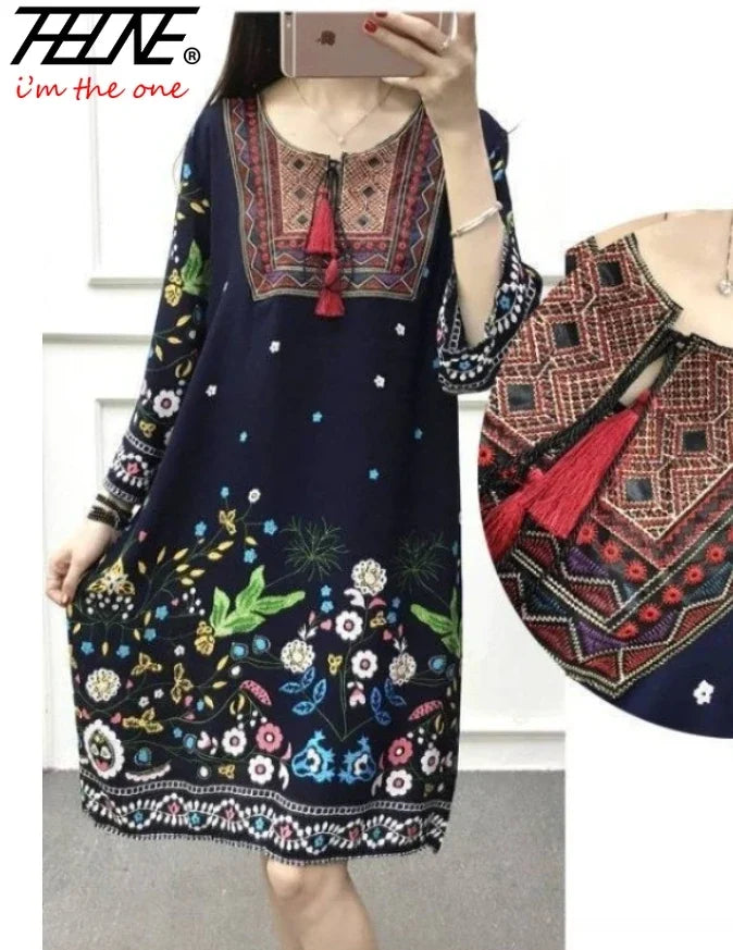 THHONE Vestidos De Mujer Casuales Dress Women Maxi Long Boho New Vacation Indian Robe Femmes Casual Floral V Neck Elastic Cotton