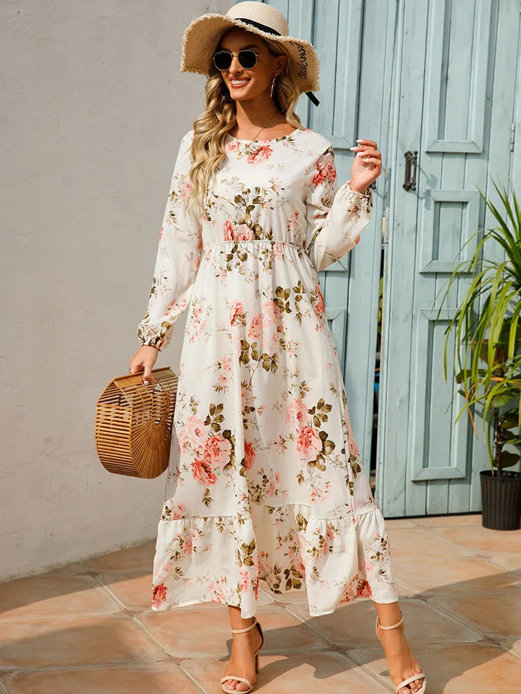 Elegant Floral Print Women Dress Spring Summer Casual O Neck Long Sleeve Chiffon A Line Long Maxi Dress Party Vestidos
