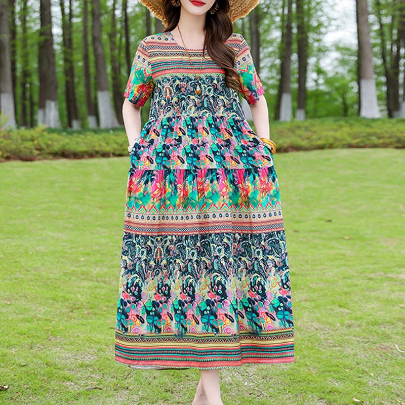 Floral Maxi Dress Backless Plus Size BohemianWomen Summer Elegant Large Hem Dresses short sleeve women clothing