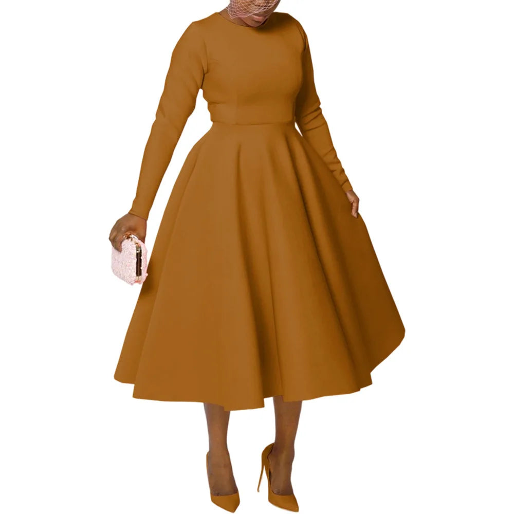 Elegant Church Dresses for Woman 2025 Fall Long Sleeve O Neck High Waisted A-Line Midi Calf Party Cocktail Dress with Pockets