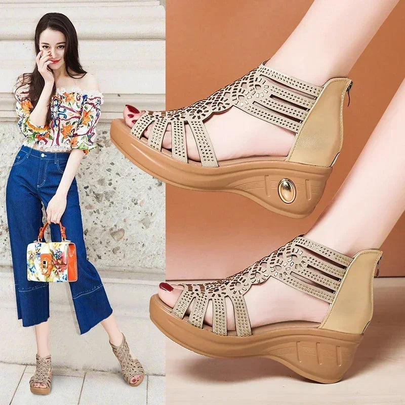 2025 New Fashion Wedge Sandals Women Summer Shoes Elegant Ladies Rome Hollow Out Sandals Female Sandalias Black Wedge Heels