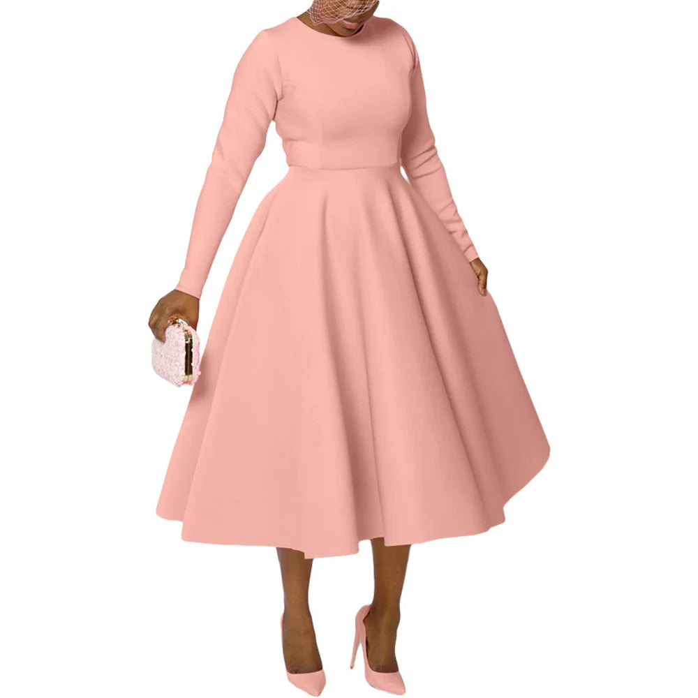 Elegant Church Dresses for Woman 2025 Fall Long Sleeve O Neck High Waisted A-Line Midi Calf Party Cocktail Dress with Pockets