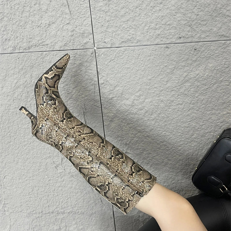 New Mixed Color Snake Patterned Side Zipper Knee High Boots Autumn Winter European American Fashion Pointed High-heel Long Boots