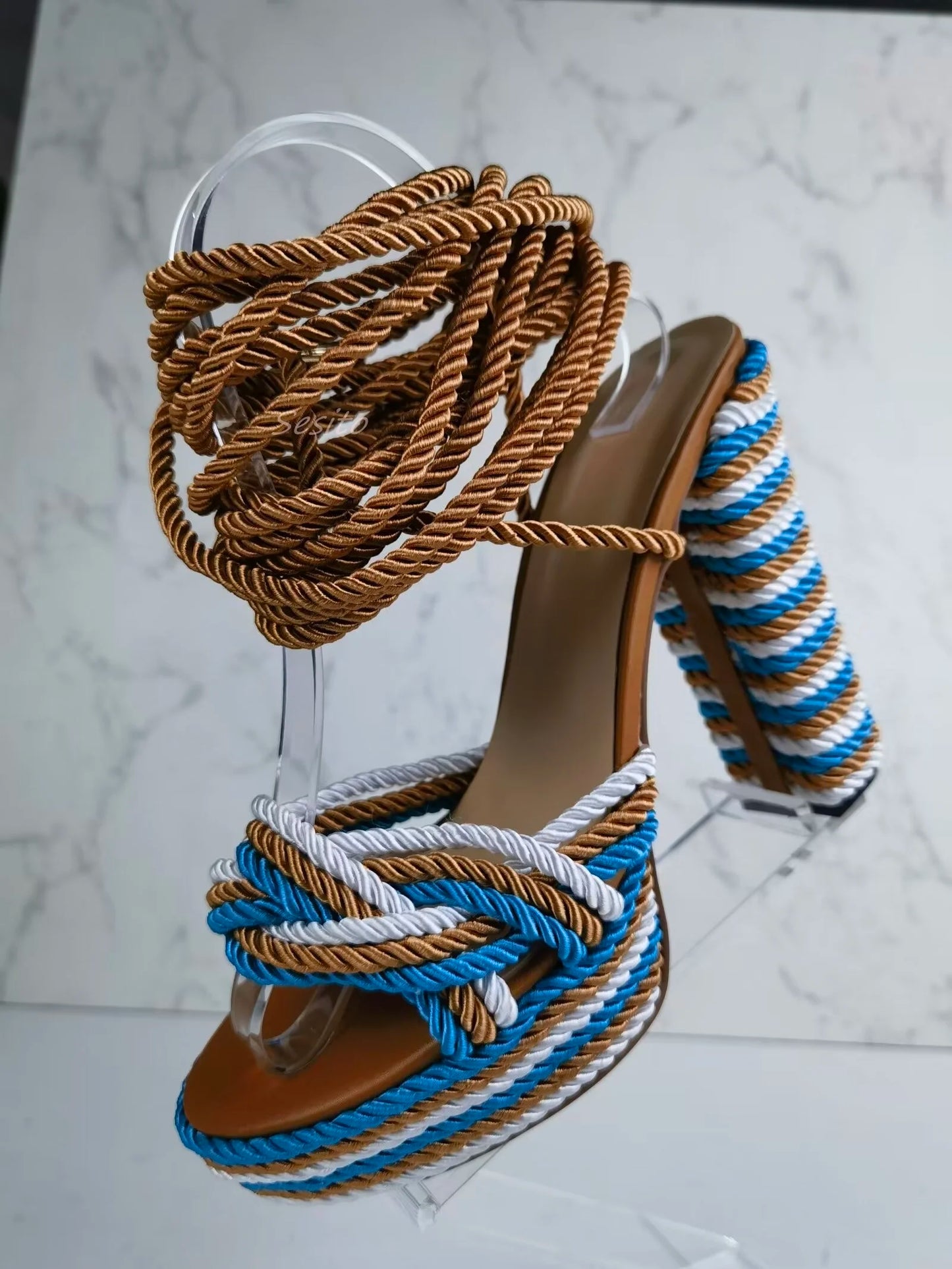 Colorful Rope Platform Sandals Block High Heels Open Toe Ankle Lace Up Fashion Women Summer Dress Party Daily Shoes Rubber Sole