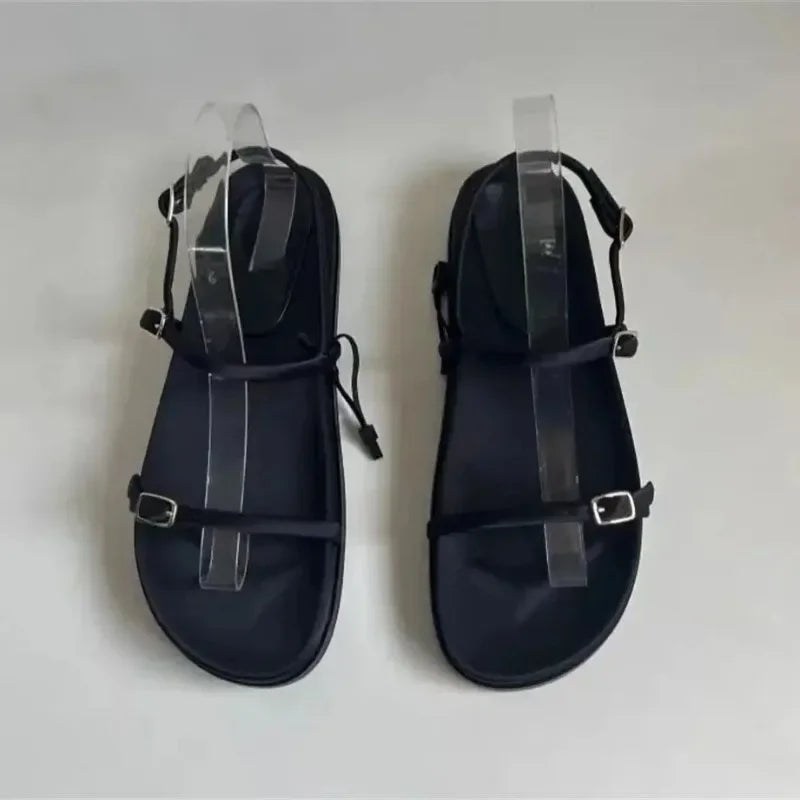 Women Flat Sandals Black Thin Straps 2025 Summer Comfortable Footwear New Design Casual Platform Ladies Beach Shoes Wholesale