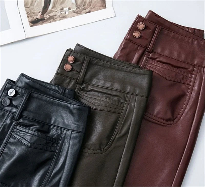 Black Red Leather Pants For Women Casual PU Leather Pants Women's Pants High-Waisted Straight Wide Leg Pants Autumn Winter