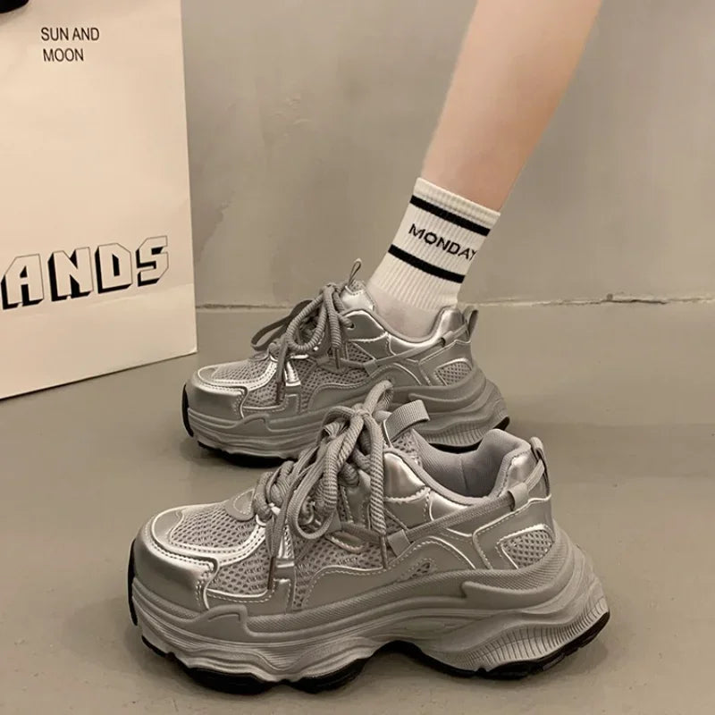 Chunky Platform Sneakers for Women Spring Fashion Thick Sole Vulcanized Shoes Woman Non Slip Mesh Breathable Casual Sports Shoes