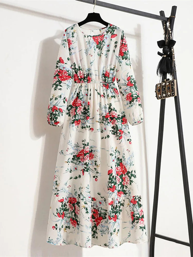 Elegant Floral Print Women Dress Spring Summer Casual O Neck Long Sleeve Chiffon A Line Long Maxi Dress Party Vestidos