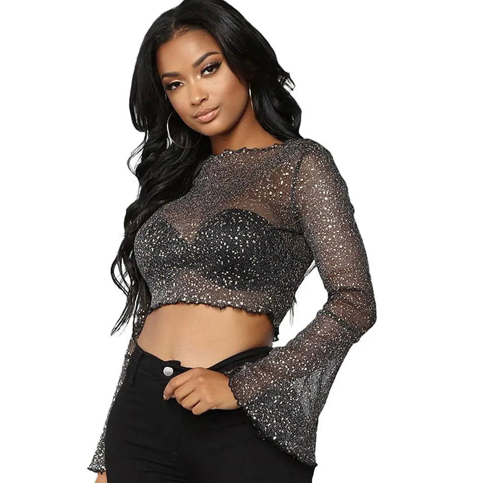 Womens Sheer Mesh T-Shirts Long Bell Sleeve Mock Neck Crop Tops See Through Clubwear