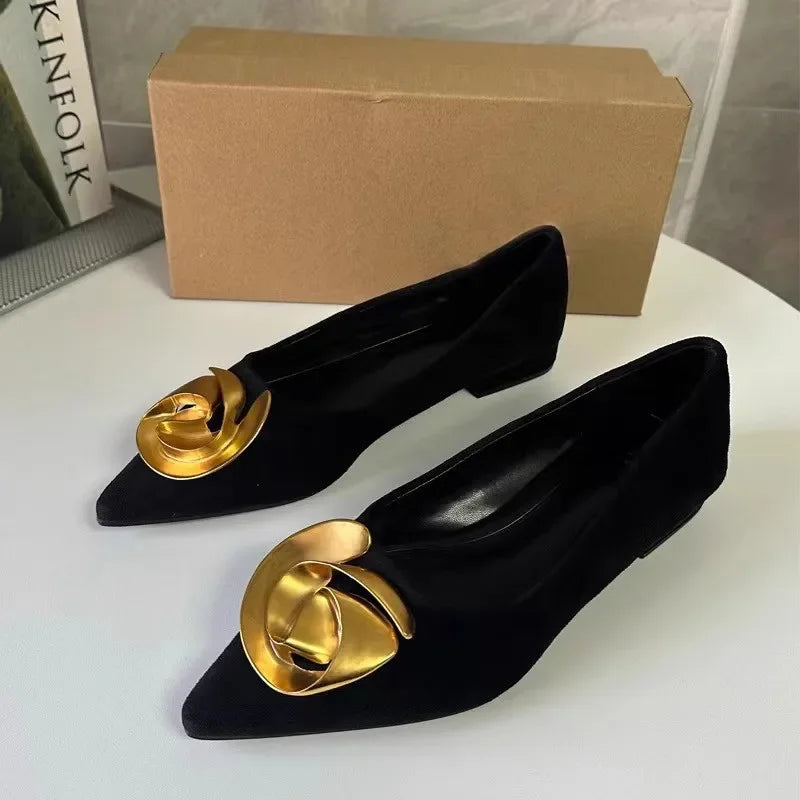 Pointed Toe Summer Women Flats Elegant Metal Flower 2025 Trend Black Luxury Female Dress Shoes Solid Work Office Footwear