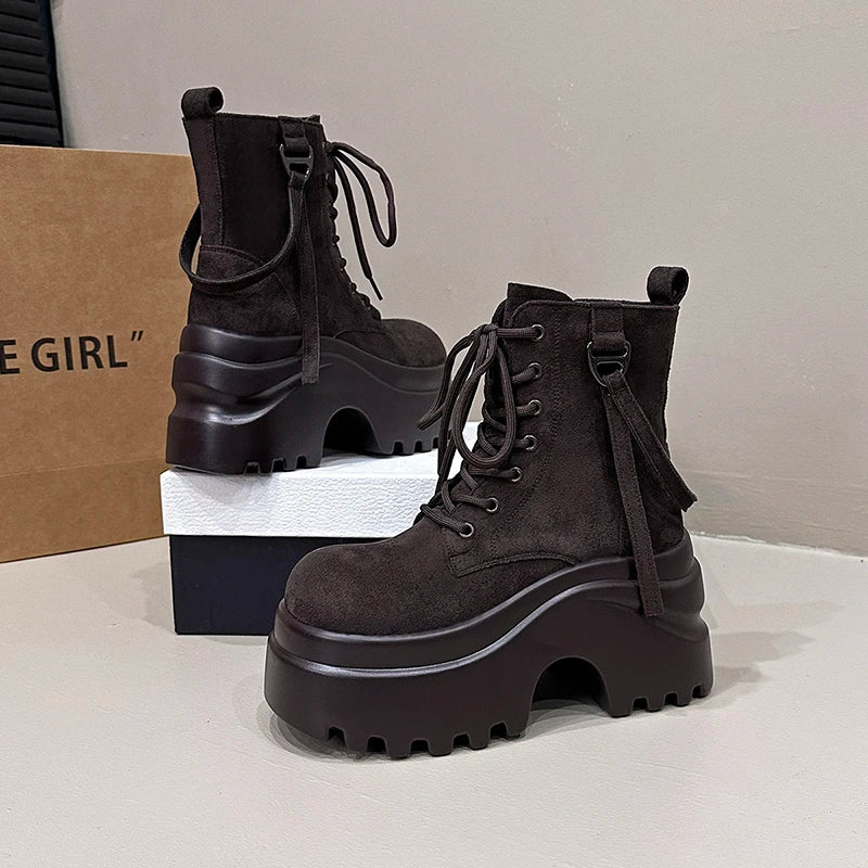 Ankle Boots For Women New 2025 Winter Motorcycle Boots 9CM Wedge Heels High Platform Shoes Woman Autumn Thick Sole Punk Boots