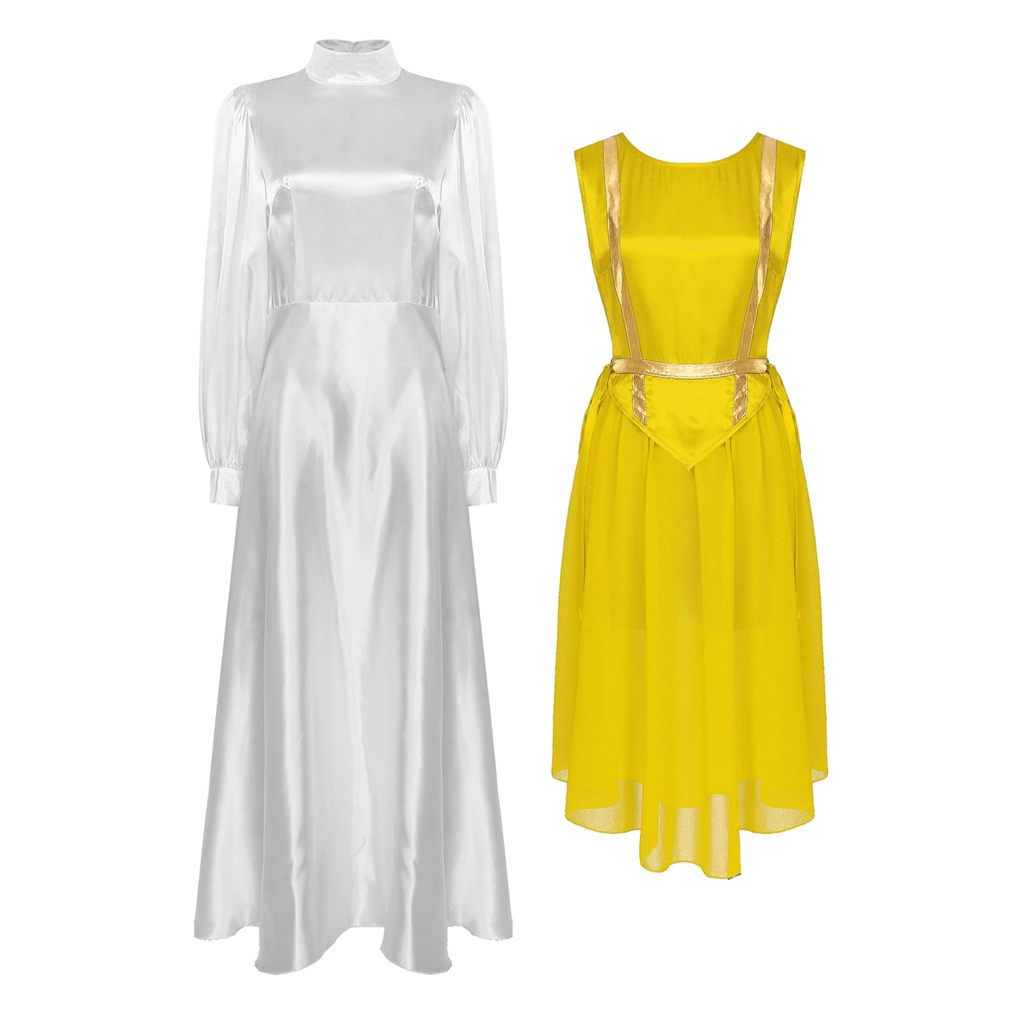 Women Liturgical Dance Choir Performance Costume Round Neck Sleeveless Lace-up Sides Split Satin Tunic Church Worship Dress Gown