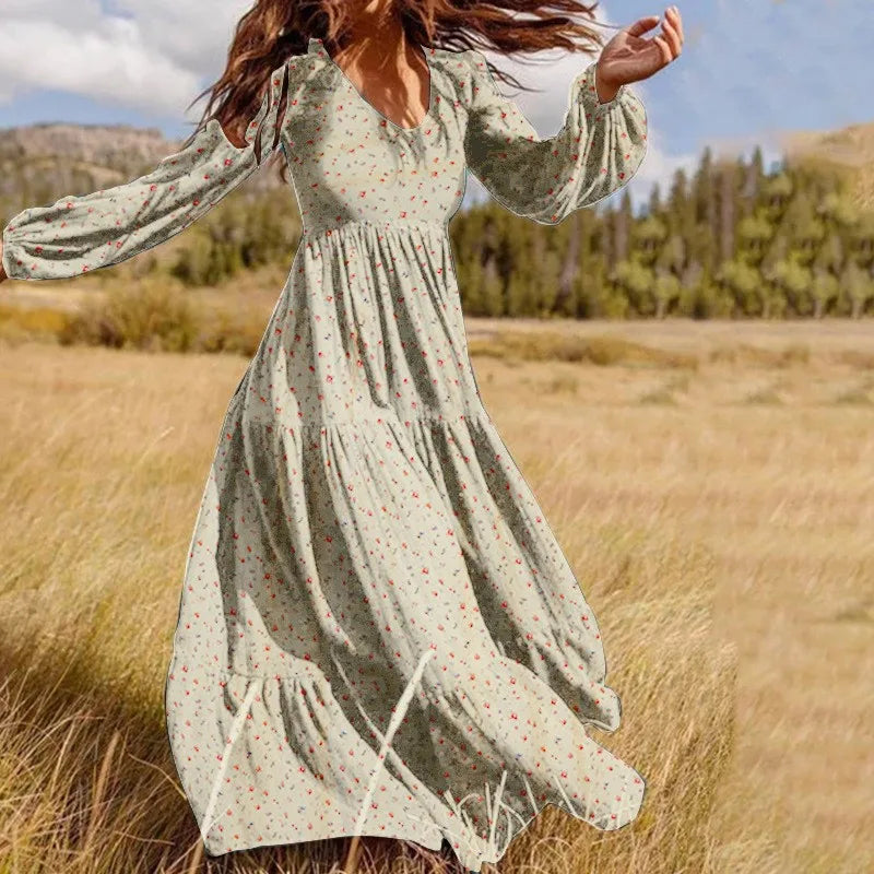 Casual boho Floral Print Long Dress For Women Elegant Party Maxi Dresses Spring Autumn Full Sleeve Ruffle Vintage Dress Female