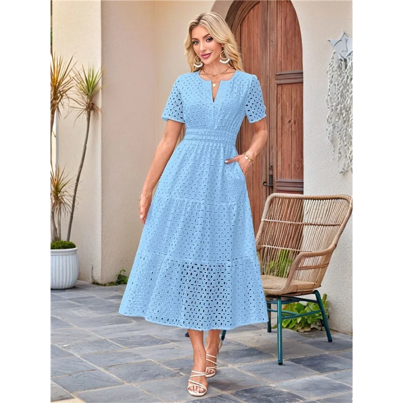 ASDS-Women's Summer Short Sleeve Maxi Dress Casual V Neck Hollow Out Eyelet Ruffle Swing A Line Long Dresses