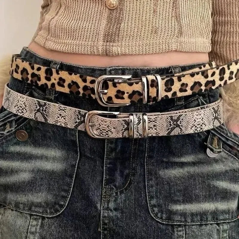 Y2K Leopard Print Belt Women Snake Skin Pattern Belts Jeans Reduce Waistline PU Waistband Skirt Pants Shrink Waist Leather Belt