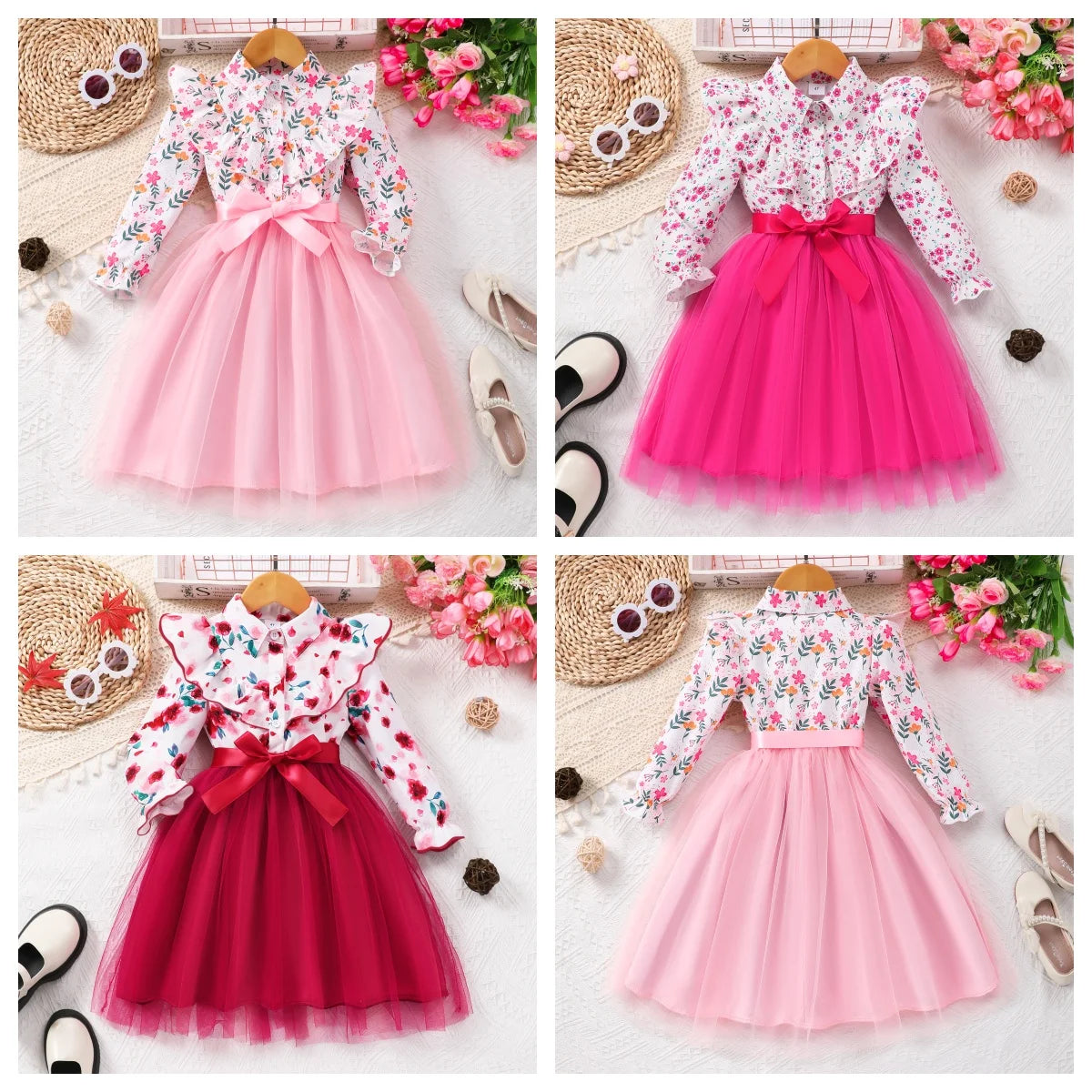 Long Sleeve Mesh Girls Stylish & Cute Ruffle Button Up Belted Dress for Fall & Winter Holiday, Outdoor Cloth with Floral Pattern