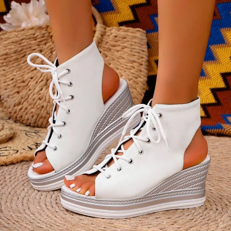 Wedge Sandals Women Summer New Round Toe Open Toe Front Strappy Platform Non-Slip Wear-Resistant Back Empty Heels Shoes