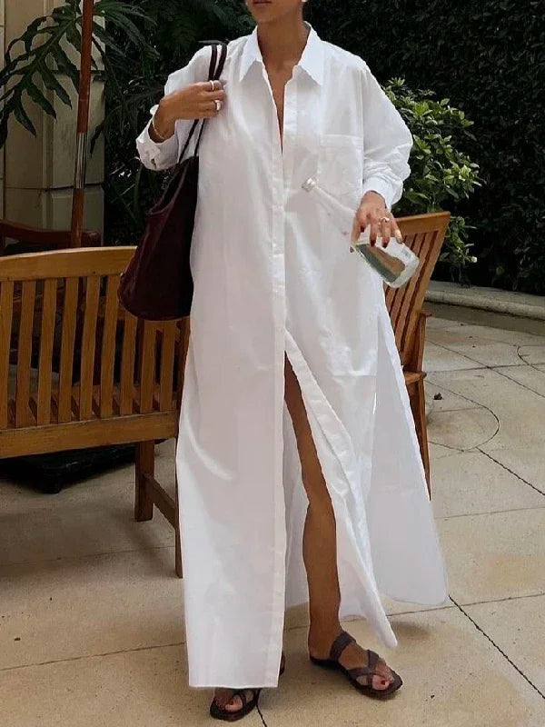 White Maxi Dresses for Women 2025 Spring Summer Clothing Split-side Woman Simple Casual Buttoned Long Shirt Dress