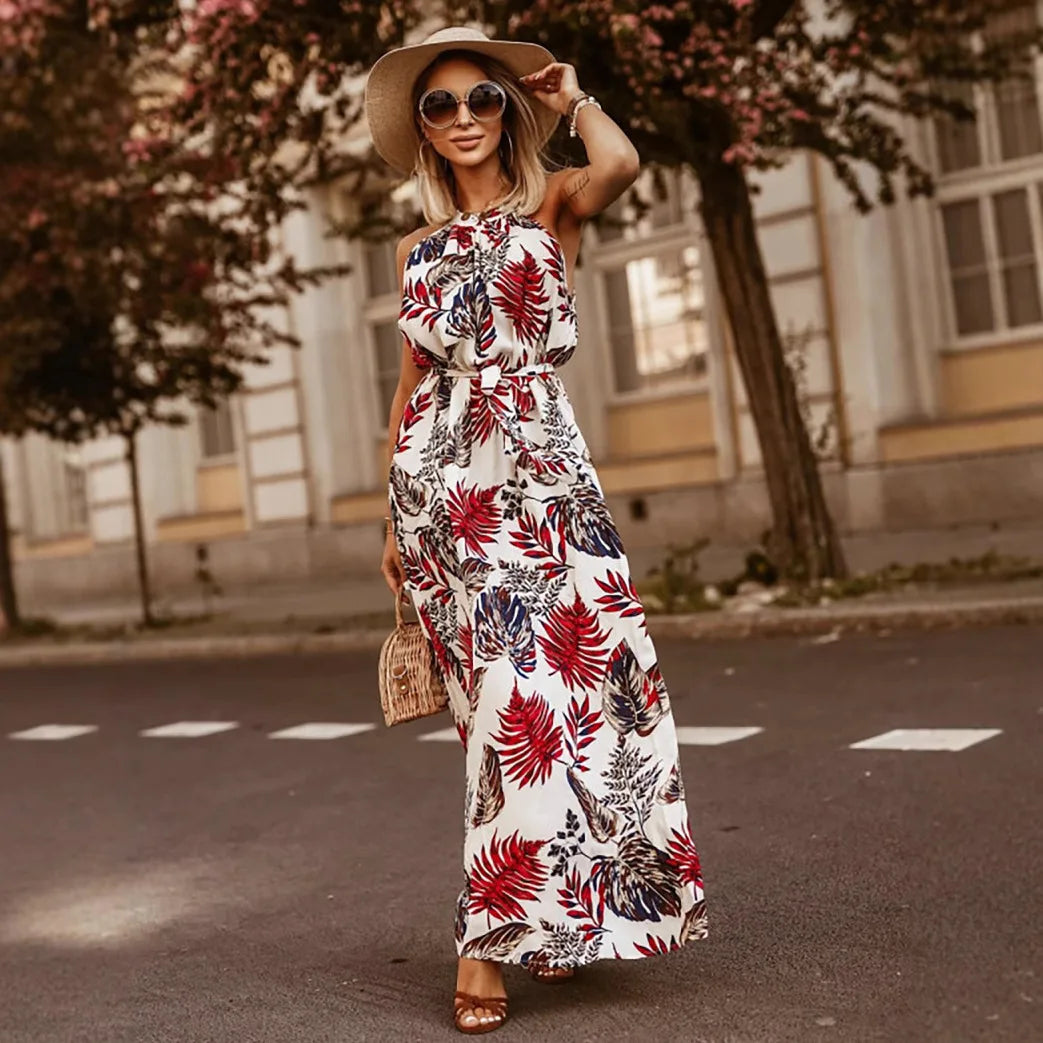 Elegant Bohemian Style Colorful Floral Print Long Dress Sleeveless Halter Neck Maxi Robe for Women Temperament Hanging Design