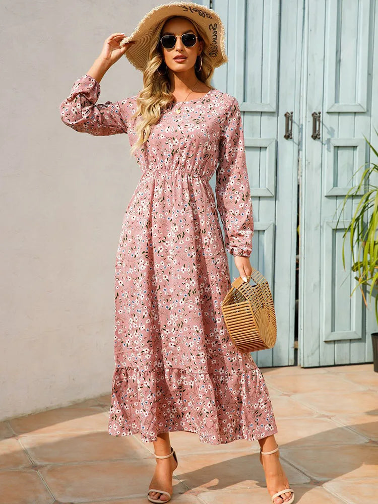 Elegant Floral Print Women Dress Spring Summer Casual O Neck Long Sleeve Chiffon A Line Long Maxi Dress Party Vestidos