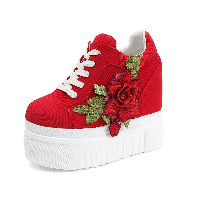 Embroidered Flowers Canvas Sneakers Autumn Women High Wedge Sneaker Fashion White/black/red Platform Woman's Sports Casual Shoes