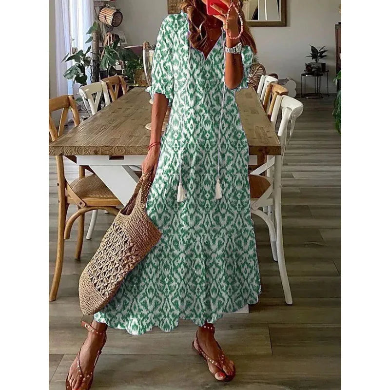 Elegant Boho Floral Print Beach Long Dresses For Women Fashion RufflesV-neck Short Sleeve Casual Sweet Loose Maxi Dress