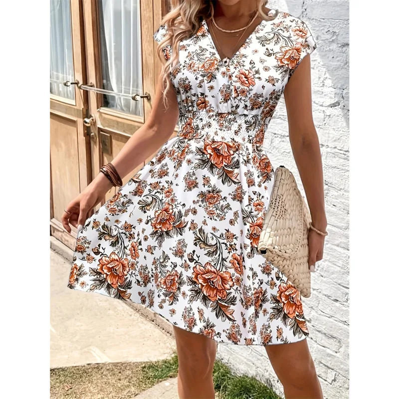 Floral Printed Midi Dresses For Women Casual Loose V-Neck Short Sleeeve Short Skirts Fashion Sexy Style High Waist Dresses