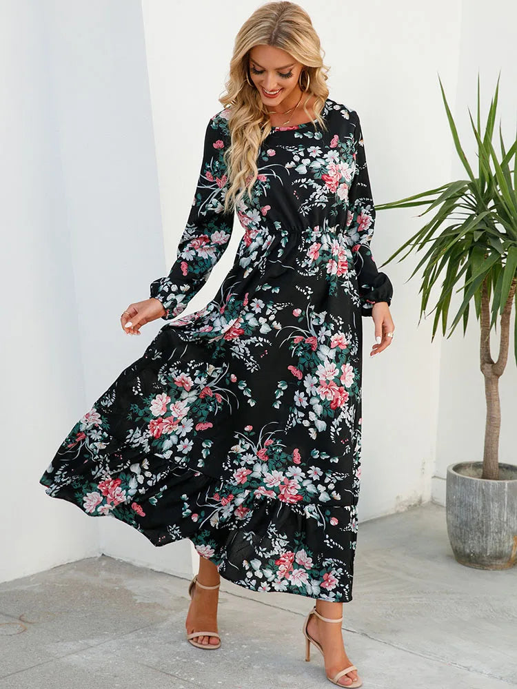 Elegant Floral Print Women Dress Spring Summer Casual O Neck Long Sleeve Chiffon A Line Long Maxi Dress Party Vestidos
