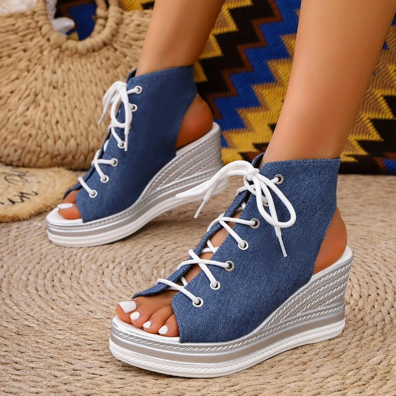 Wedge Sandals Women Summer New Round Toe Open Toe Front Strappy Platform Non-Slip Wear-Resistant Back Empty Heels Shoes
