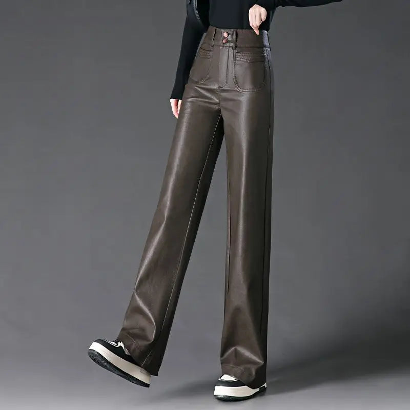 Black Red Leather Pants For Women Casual PU Leather Pants Women's Pants High-Waisted Straight Wide Leg Pants Autumn Winter