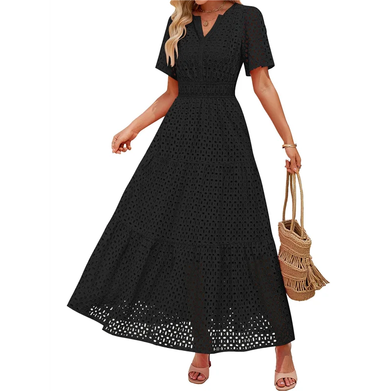 ASDS-Women's Summer Short Sleeve Maxi Dress Casual V Neck Hollow Out Eyelet Ruffle Swing A Line Long Dresses