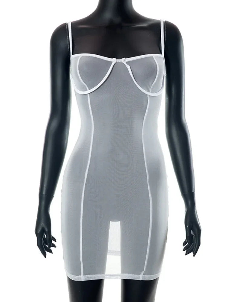 Black Mini Dress For Women Y2k Clothes See Through Mesh Sexi Night Dress Hot Club Outfits Spaghetti Strap Vestidos De Mujer