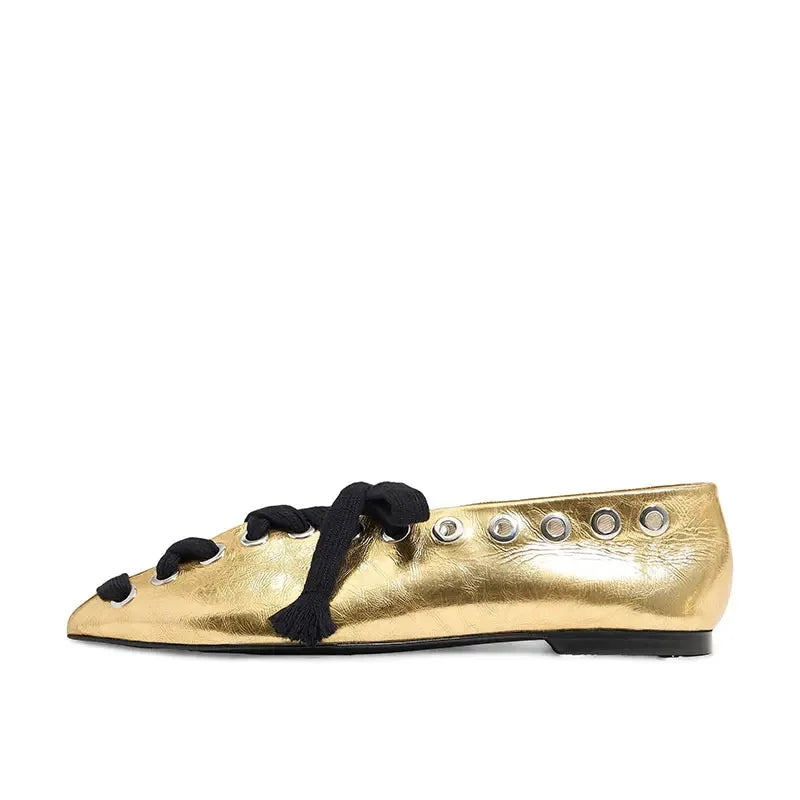 2025 Pointed Toe Flat Bottomed Single Shoes Punk Style New Fashionable Women Shoes Handmade Shoe Double Row Buttonhole