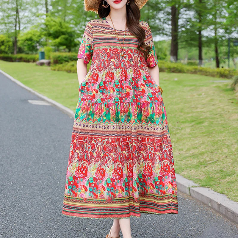 Floral Maxi Dress Backless Plus Size BohemianWomen Summer Elegant Large Hem Dresses short sleeve women clothing