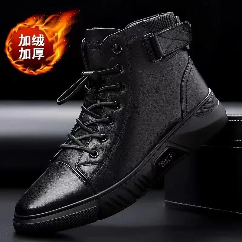 Ankle Boots Black PU Leather Men's Sports Shoes Autumn Winter Comfortable High-top Casual Fashion Platform Boots Man Round Head