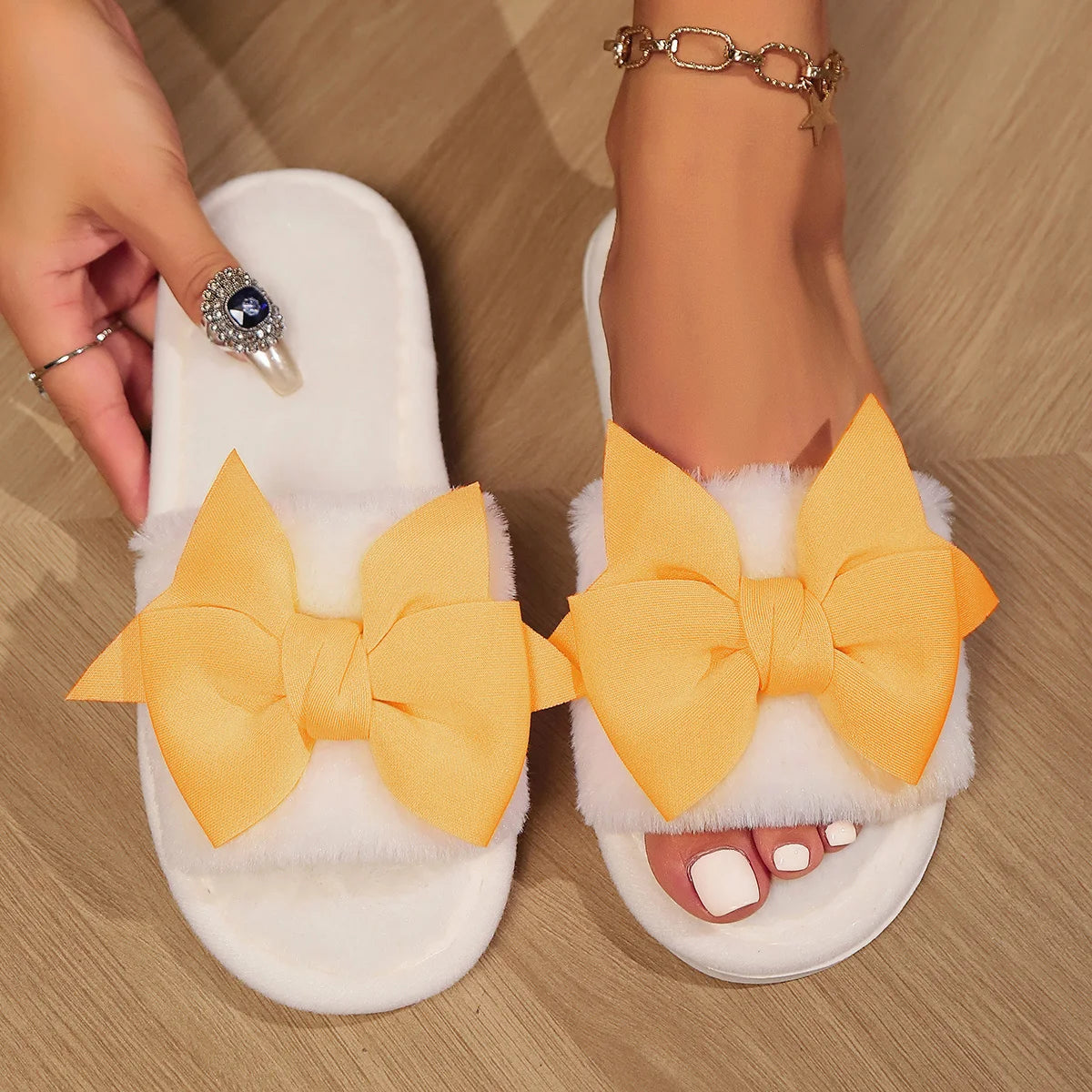 Womens Bow Tie Plush Indoor Slippers - Cozy & Warm