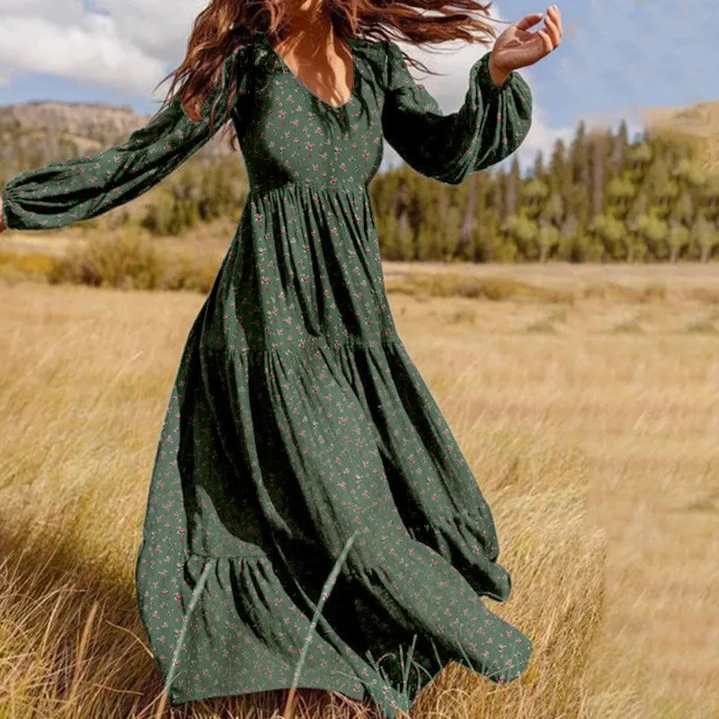 Casual boho Floral Print Long Dress For Women Elegant Party Maxi Dresses Spring Autumn Full Sleeve Ruffle Vintage Dress Female