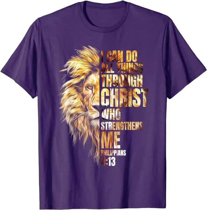 Christian I Can Do All Things Through Christ Lion Faith T-Shirt Lion Lover Graphic Outfits Men's Fashion Christ Faith Saying Tee